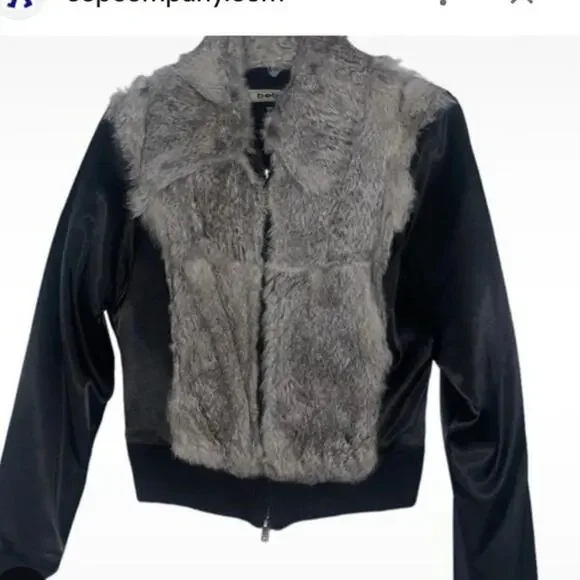 Bebe black and gray rabbit fur long sleeve zip up jacket size medium - Picture 2 of 8